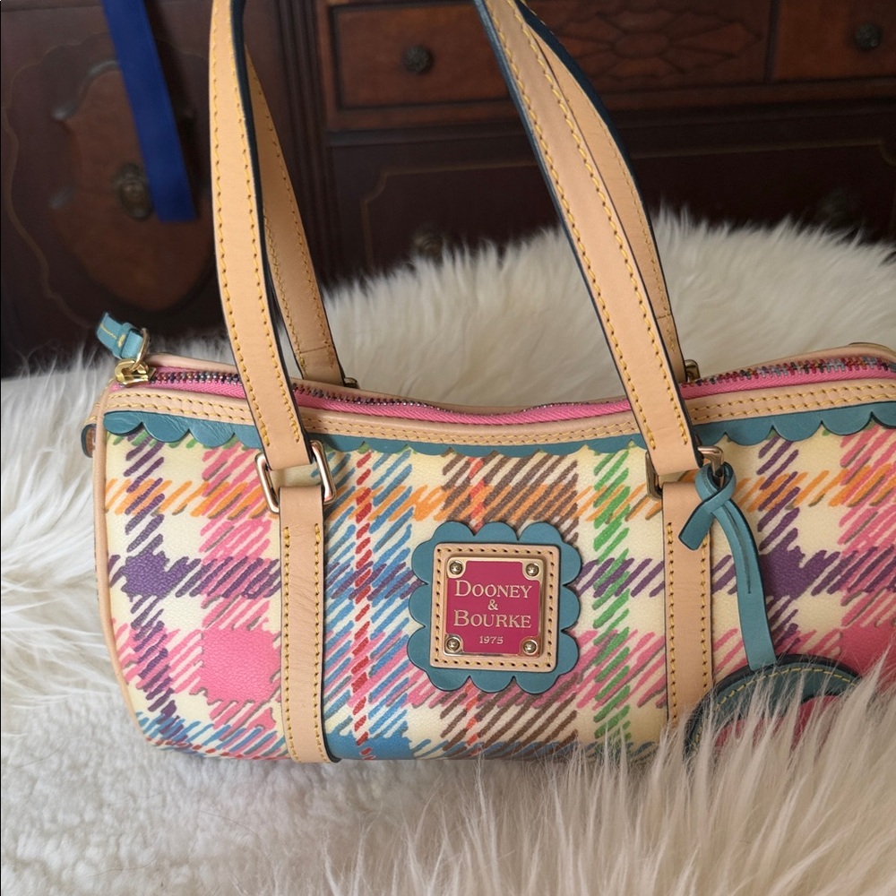 Dooney & Bourke Multicolor Plaid Mini Barrel Bag with Pink Heart Charm - Picture 2 of 16